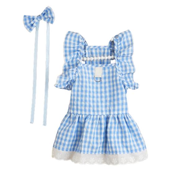 Летняя одежда для собак Головной убор с бантиком Пуловер с рюшами на рукавах и кружевным подолом Элегантный наряд Мягкое клетчатое платье Одежда для домашних животных и кошек Двуногий костюм для щенка