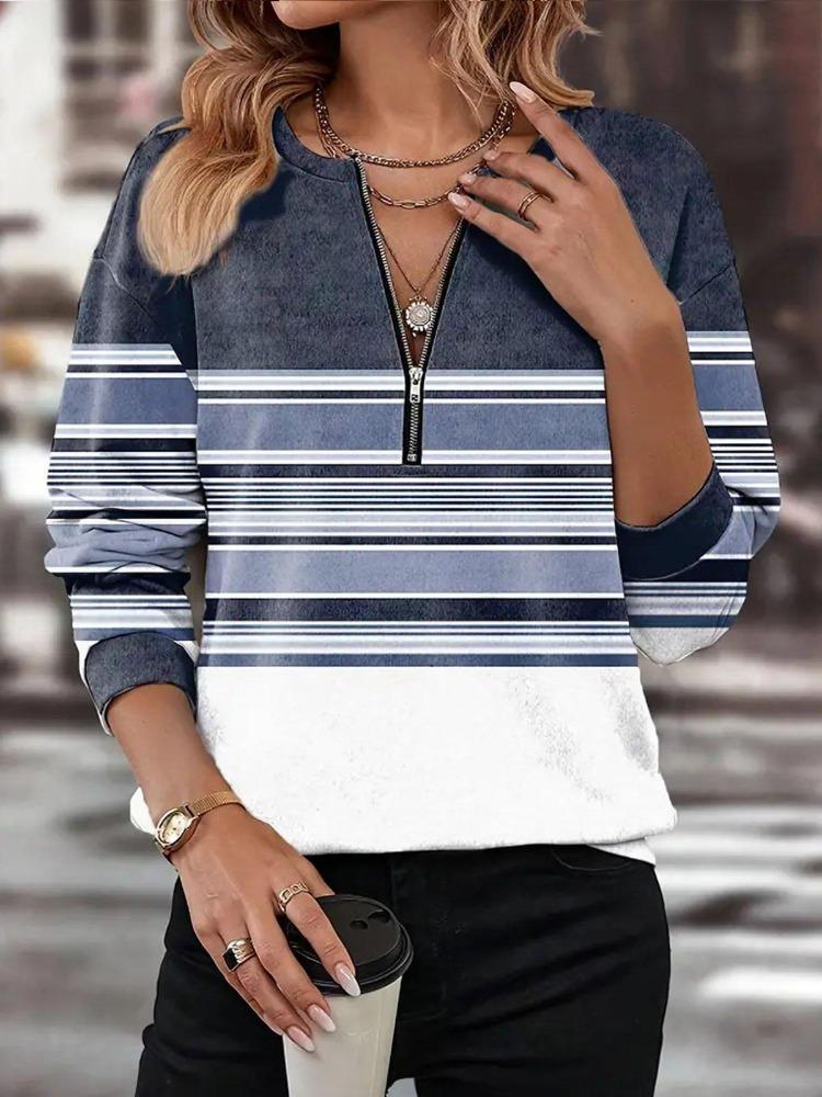 Fashion Women Autumn Winter Collection V Neck Color Block Zipper Sweatshirt