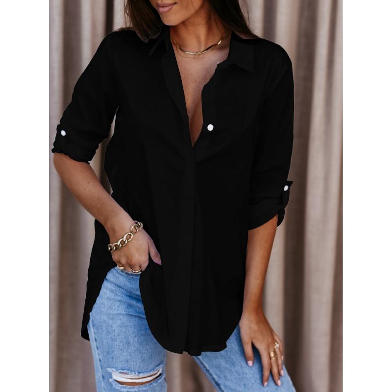Women's Fashion Casual Spring Fall Solid Color Print Long Sleeve POLO Neck Blouses & Shirts