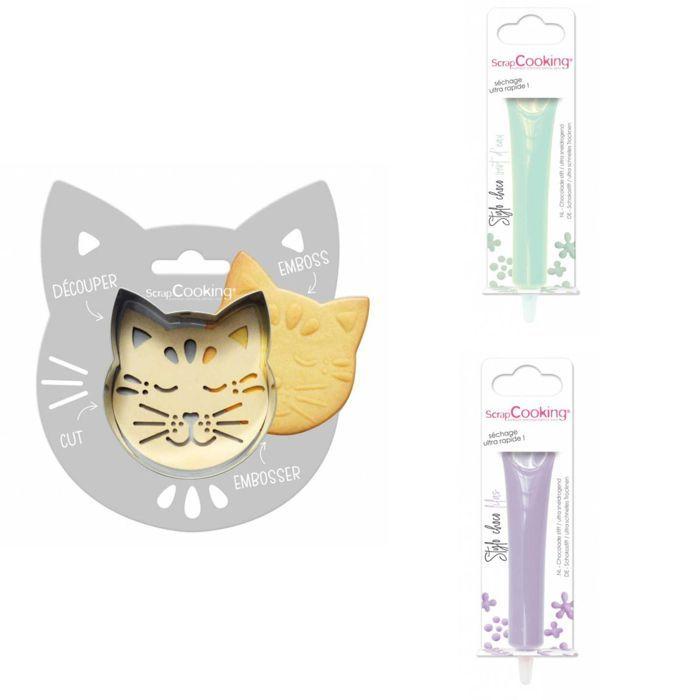 Kit pour biscuit en relief Chat + 2 Stylos au chocolat vert d'eau et lilas
