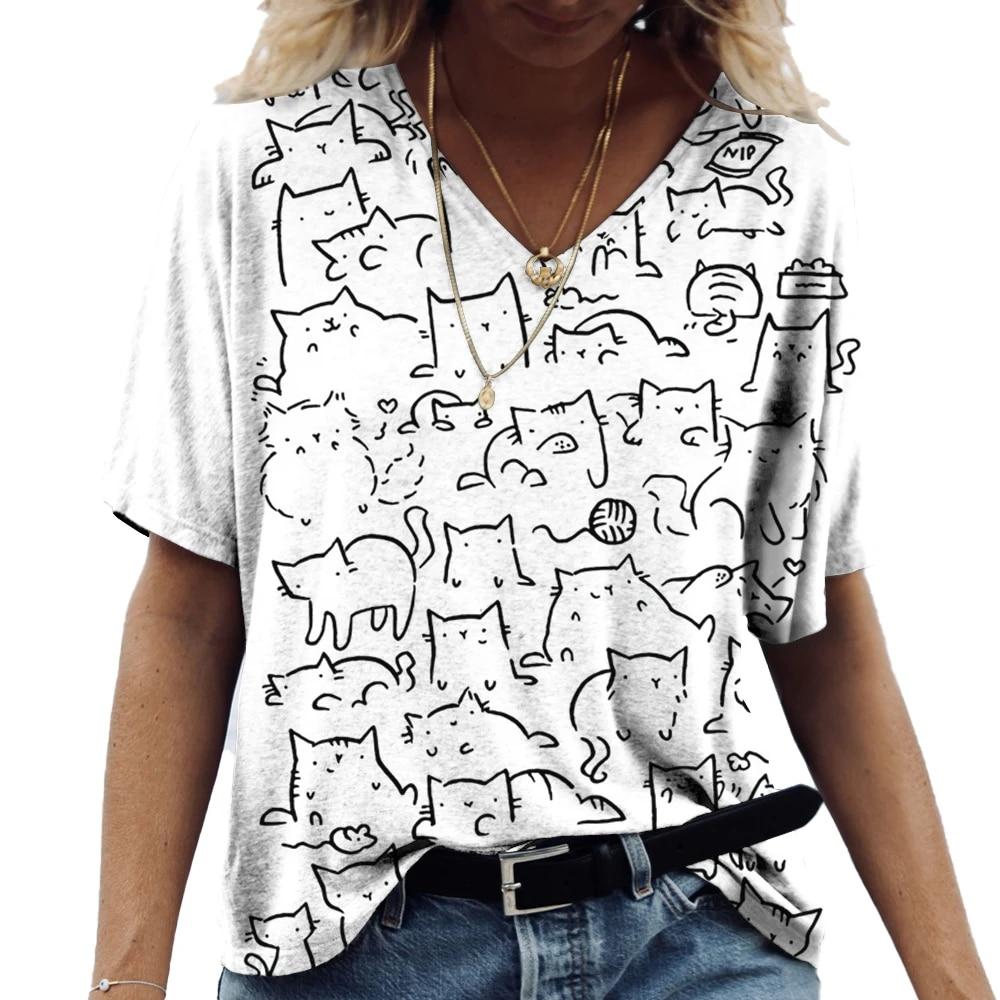 Женская футболка с рисунком котенка в стиле аниме, одежда с принтом для девочек, блузка с v-образным вырезом, пуловер в стиле Харадзюку, летние футболки большого размера с короткими рукавами