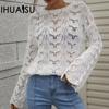 Women's Autumn and Winter Knitted Solid Colour Crochet Hollow Out Pullover O-Neck Loose Sweater