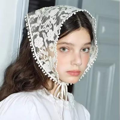 French Vintage Lace Triangle Scarfs Korean Hollow Floral Tie Wrap Head Scarf Ladies Cute Sweet Summer Outdoor Outing Headwear