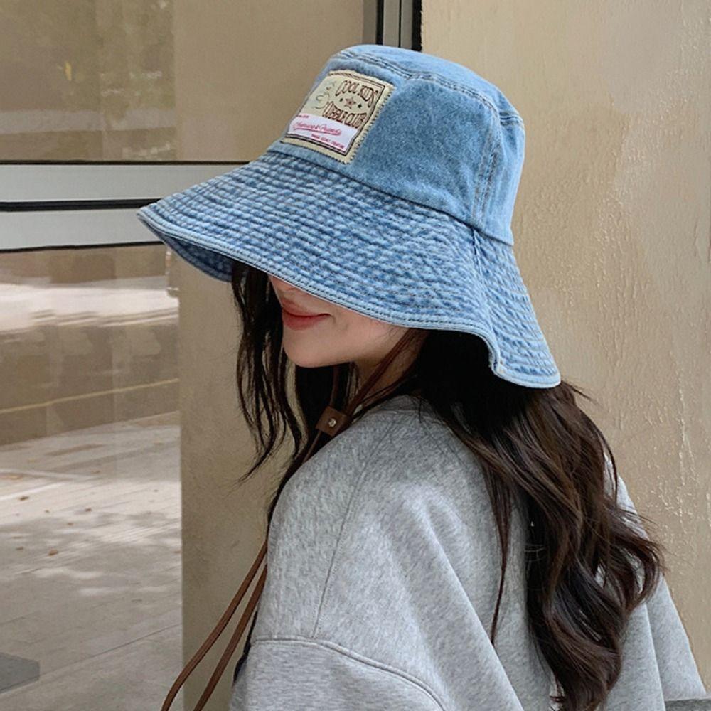 With Drawstring Women Denim Bucket Hat Windproof Western Cowboy Hats Hot Big Brim Sun Hat Summer