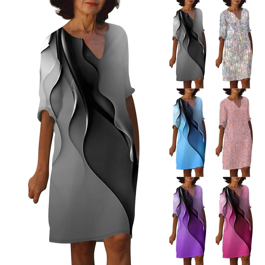 Women's Summer Fashion Casual Print V-Neck Elegant Trendy   Half Sleeve Midi Dress