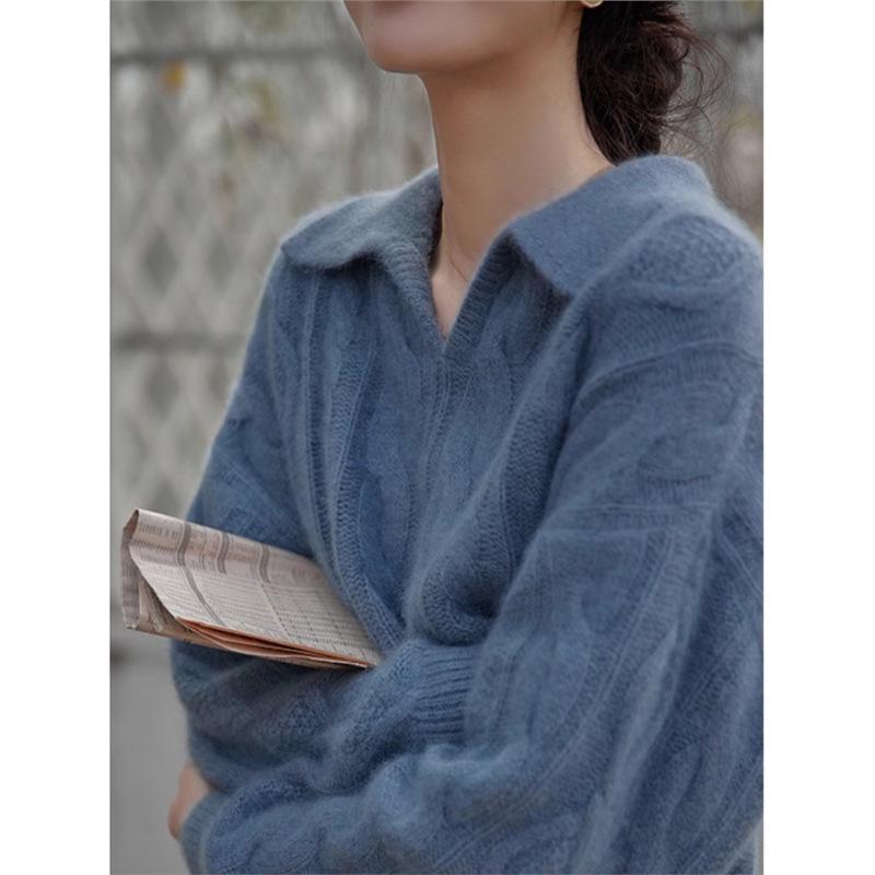 Blue Women's Wool Pullover Sweater - Soft, Comfortable, Lazy Style with Hemp Twist Collar