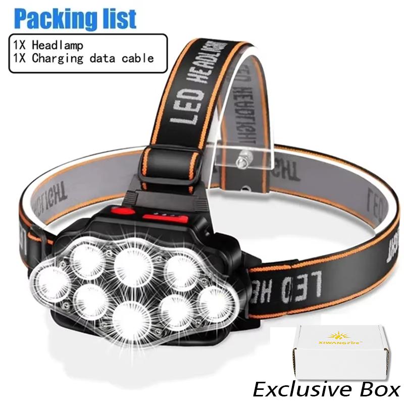 USB Rechargeable Headlamp High Lumen Bright Head Lamp with 8 LED Headlight 4 Mode IPX4 Waterproof Head Flashlight Head Light