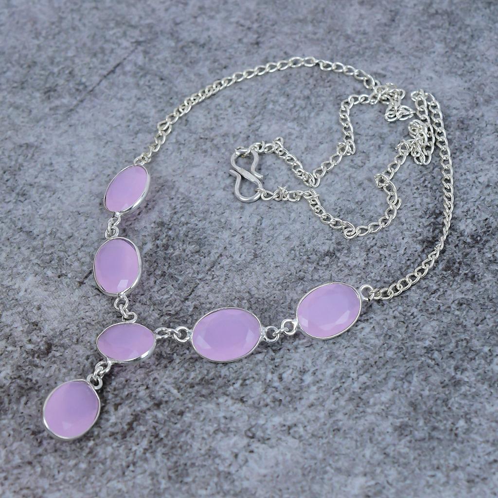 Розовый халцедон драгоценный камень ручной работы серебро 925 пробы ювелирное колье 18" M-412