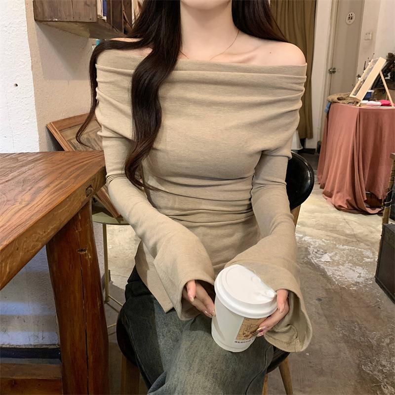 Женская сезонная базовая футболка с одним открытым плечом, однотонная, с длинными рукавами, приталенная, в стиле Spice Girl, хлопковый топ