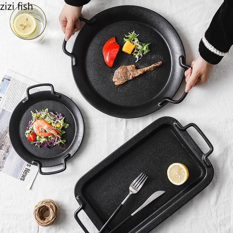 Черная матовая керамическая тарелка с двумя ручками, тарелка для стейка, тарелка для хлеба, десертные тарелки, тарелки для салата, специализированная посуда для молекулярной кухни
