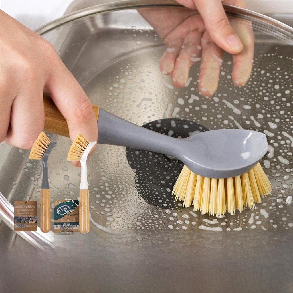 Wooden Long-Handle Kitchen Brush: Non-Damaging Pot Cleaner for Tough Grease Removal