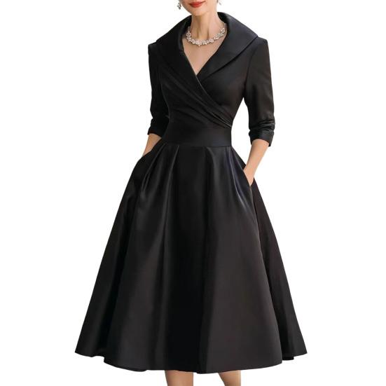 Women's Lapel V Sleeve A Line Neck Work Dress Long Swing Dress Formal Business