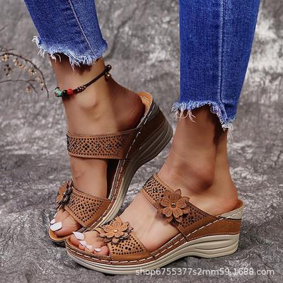 Большой размер лето новый ретро кэжуал цветок высокий каблук односимвольные женские танкетки шлепанцы