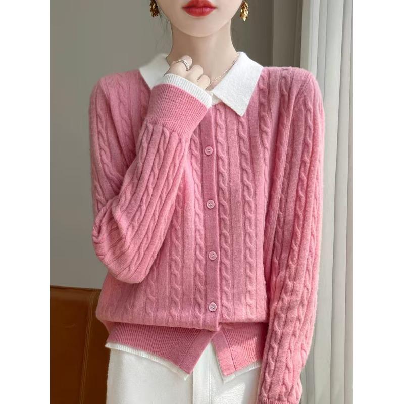 POLO воротник небольшой поворот короткий цветной блок вязаный кардиган женский пуловер свитер рубашка низ куртка