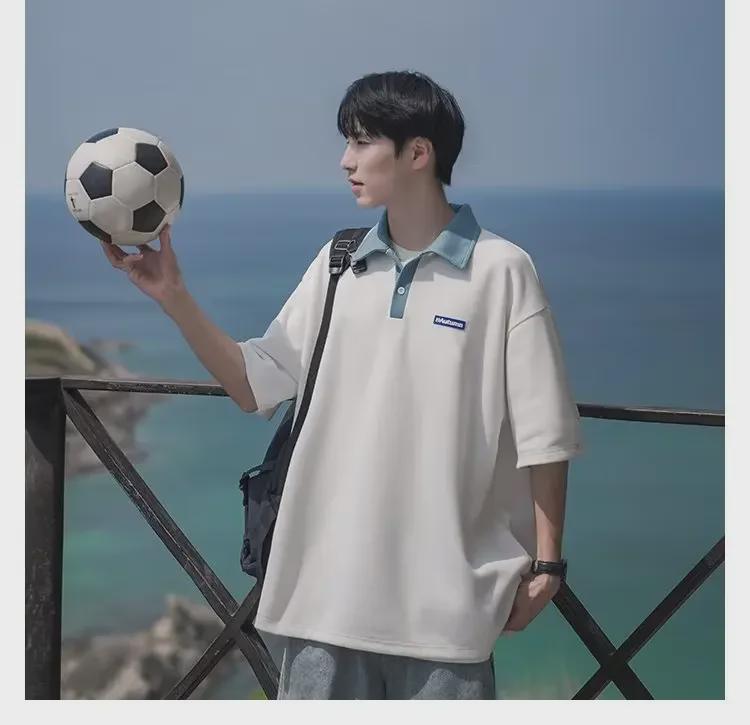 Мужская рубашка-поло в японском стиле в стиле ретро, контрастного цвета, плотная, свободного кроя, короткие рукава