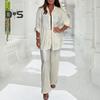 Casual 2 Piece Outfit for Women Long Sleeve Button Down Shirt Wide Leg Pants Set Summer Pleated Loungewear Matching Suit