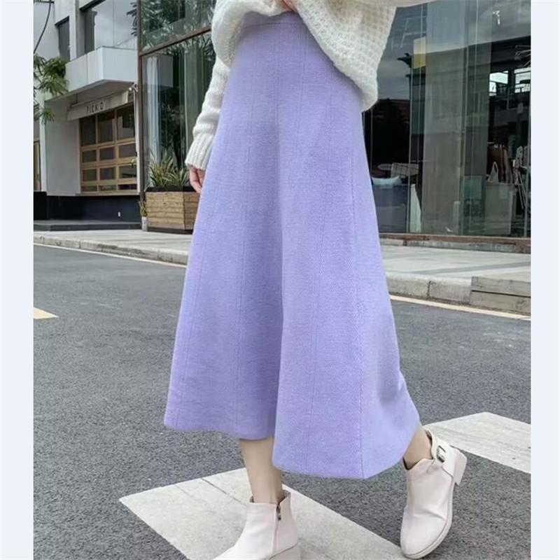 Women's High-Waisted A-Line Wool Skirt with Sweater - Hip-Covering, Slimming, Medium-Length for Autumn/Winter