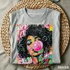 Funky Weekend Vibes Pop Art Curly Hair Girl Blowing Bubble Gum Print Women Casual Crewneck Graphic Tee Streetwear Daily Vacation
