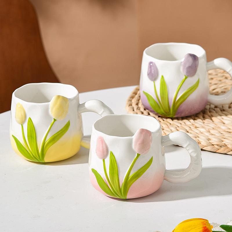 Расписанная вручную керамическая чашка, трехмерная рельефная чашка, чашка-тюльпан, кружка с цветами и ручкой, чашка для лучшей подруги, сувенир