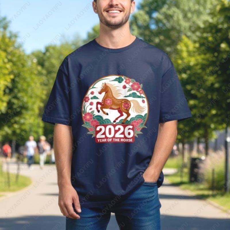 Year Of The Horse 2026 Unisex Cotton TShirt Floral Artistic Chinese Zodiac Graphic Oneck Printed Tops Ropa Mujer Women Clothes