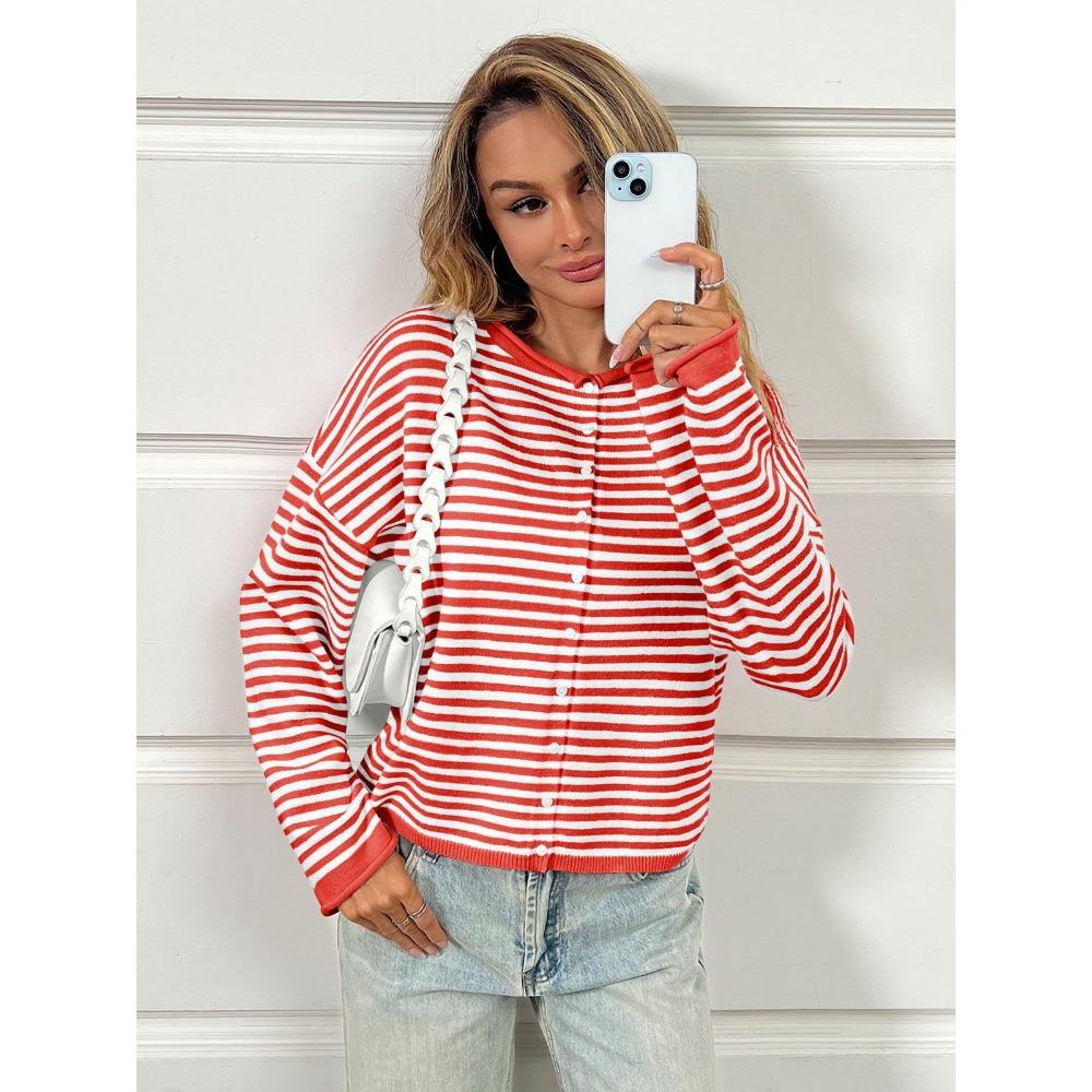 Autumn and Winter Long Sleeved Casual Cardigan Striped Contrasting Sweaters