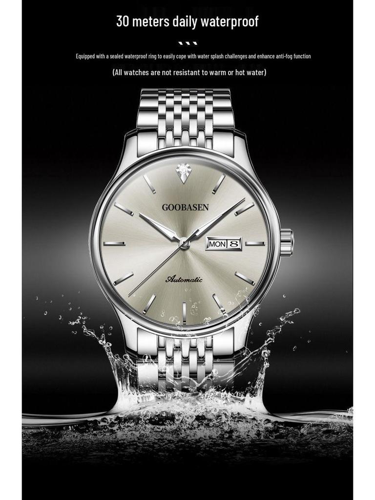 Мужские полностью автоматические светящиеся механические часы - Водонепроницаемые, Модные, Дизайн с полым корпусом и двойным календарем.