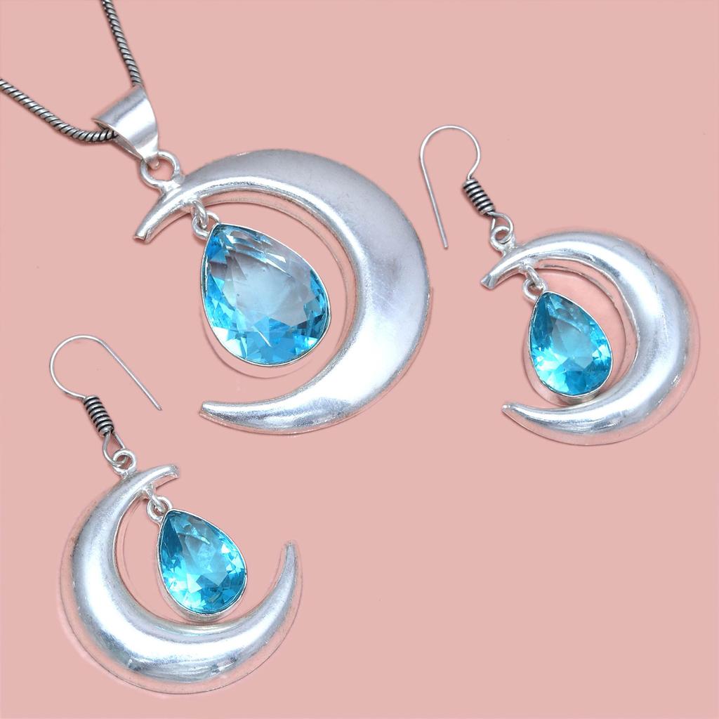 Комплект из серег и подвески ко Дню матери с драгоценным камнем London Blue Topaz