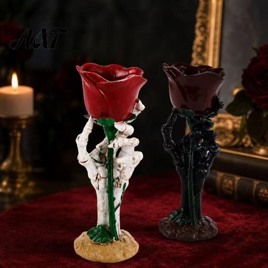 Halloween Table Ornaments Skeleton Hand Rose Candle Holder, Gothic Resin Decorative Ornament Atmospheric Trough for Home Decor, Dark Style Romantic