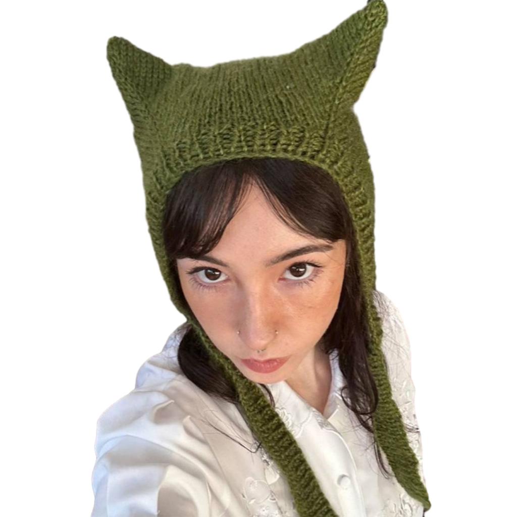 Cat Ear Beanie Hat for Women Harajuku Style Star/Stripe Skull Hat Handmade Crochet Hat Y2K Cool Girls Warm Headpieces