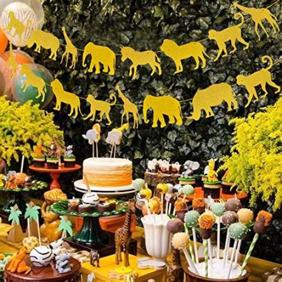 Jungle Safari Animal Banner Gold Glitter Zoo Garland Baby Shower Child Kids Boy Girl Birthday Party Supplies Decorations PRE Strung 2 PCS