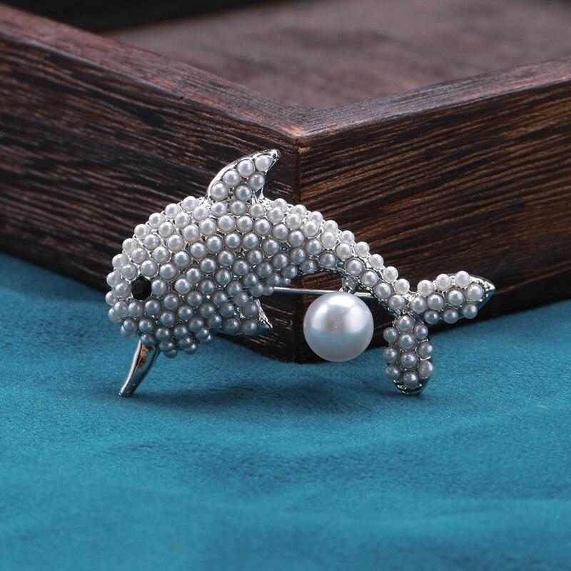 Blucome Lively Pearl Dolphin Shape Yellow Enamel Brooches For Women Kids Coat Collar Scarf Clothes Pins Accessories