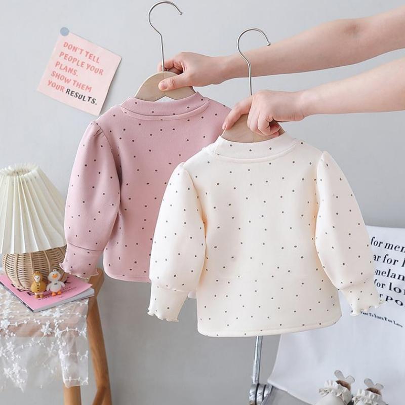 Children Dot Clothing Girls Long Sleeve T-Shirt Soft Fabric Half-High Collar and Puff Sleeves Perfect for Play and School T-Shirts