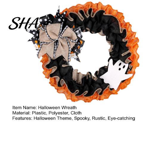 Cartoon Ghost Wreath 15 Inch Halloween for Front Door, Rustic Ruffle with Spooky Door And Burlap Bow Fireplace Walls Windows Gothic Party Decor