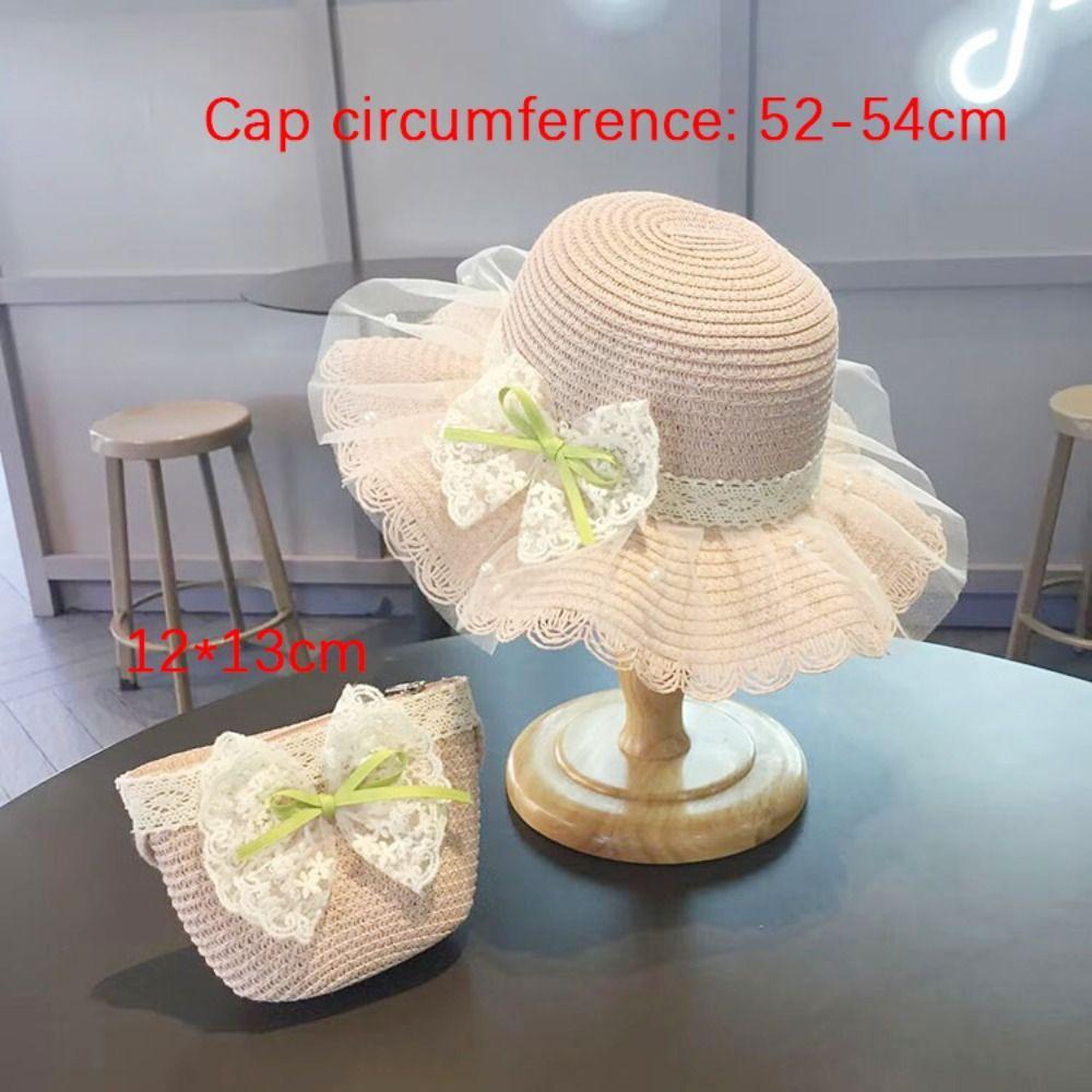 Straw Children Straw Hat Lace Beach Bucket Cap New Straw Shoulder Bag Baby Girls