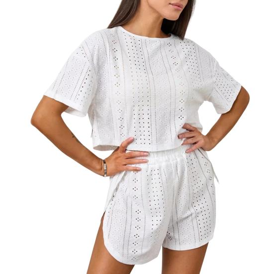 Летний комплект пижамы из 2 предметов для женщин: кроп-топ с коротким рукавом с прорезями и шорты с разрезом. Повседневный комплект для отдыха и сна.