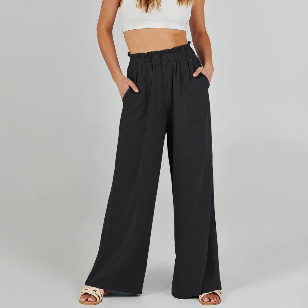 Женские хлопковые льняные брюки, летние широкие повседневные свободные брюки-палаццо с высокой талией и шнурком, брюки с карманами
