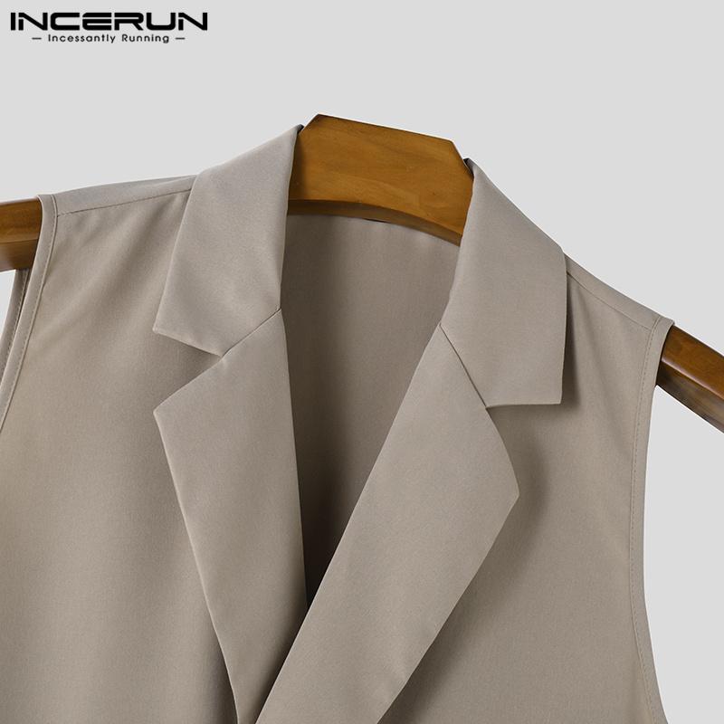 INCERUN Men Lapel V Neck Solid Color Jumpsuits Casual Zipper Long Rompers