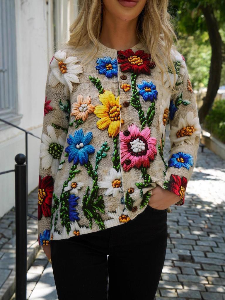 Women's Floral 3D Print Knitted Cardigan - Round Neck, Long Sleeve, Casual Spring/Winter Wear