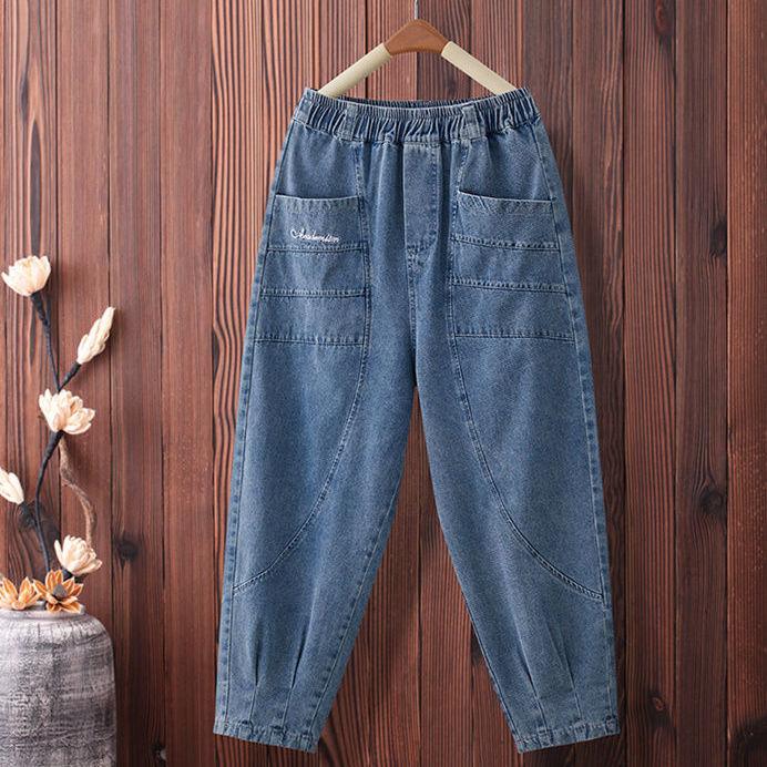 Women Summer Large Size High Waist Casual Trousers Loose Thin Jeans Denim Cropped Pants