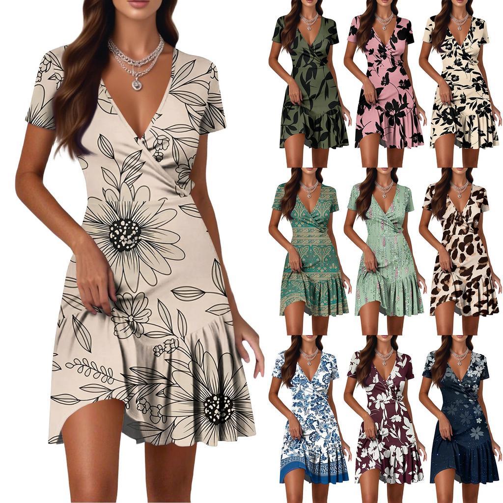Женские повседневные платья модной длины с V-образным вырезом, коротким рукавом, в стиле пэчворк с цветочным принтом