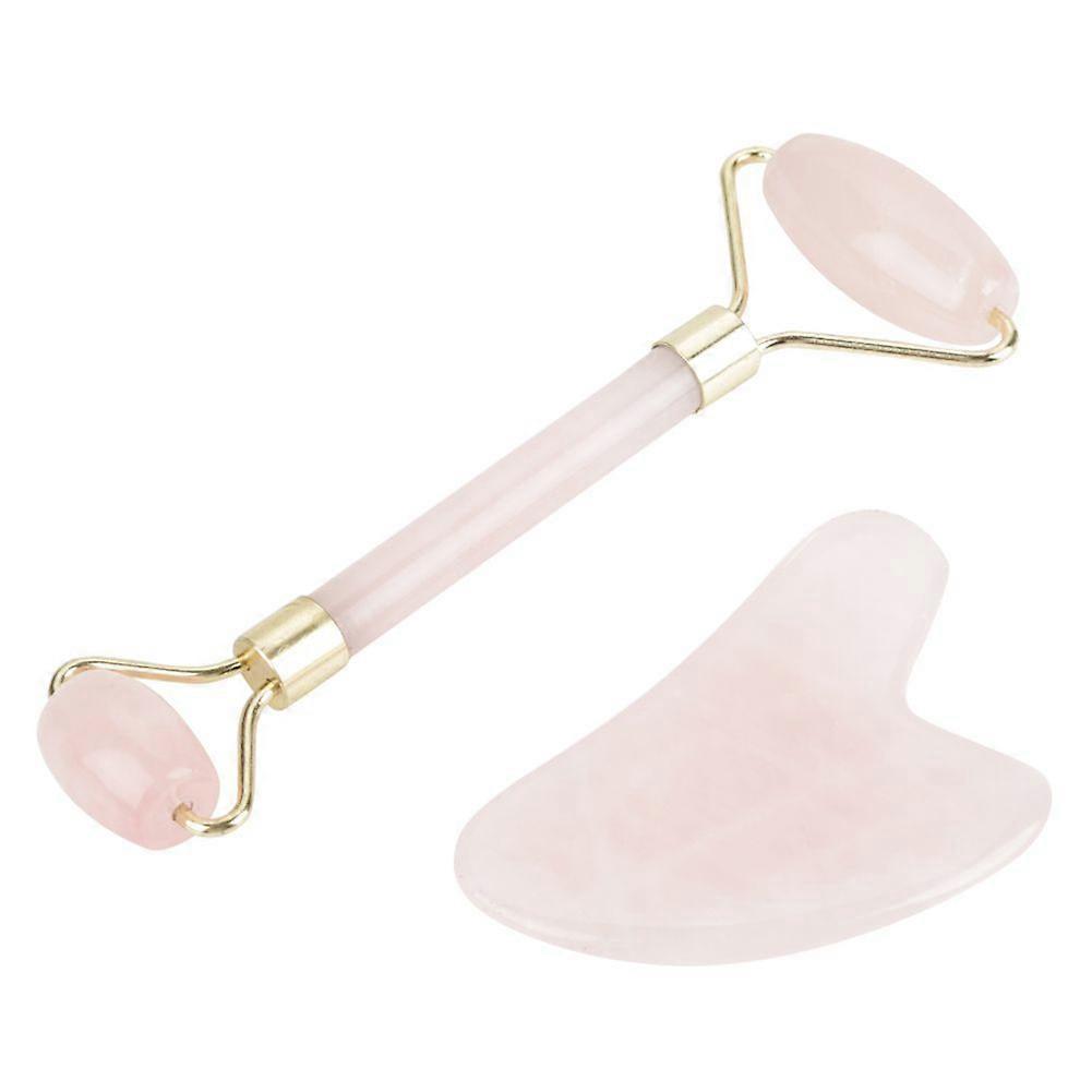 Natural Double Head Rose Quartz Jade Stone Roller & Scrapping Plate Face Massage Tool Kit