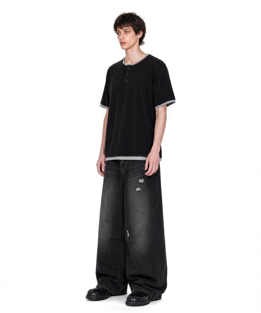 IDWS Layered Henley Neck T-Shirt Black