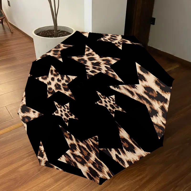 1PC Leopard Print Stars Umbrella-8-Rib Reinforced, Automatic Open, Lightweight & Durable, Cute Fashion Accessory for Outdoor, Beach or Casual Use, Bea