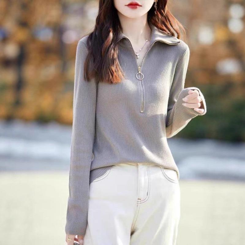Spring New Worsted Wool Turtleneck Knitted Sweater Semi-zipper Solid Color Pit Strip Pullover Bottoming Shirt Top