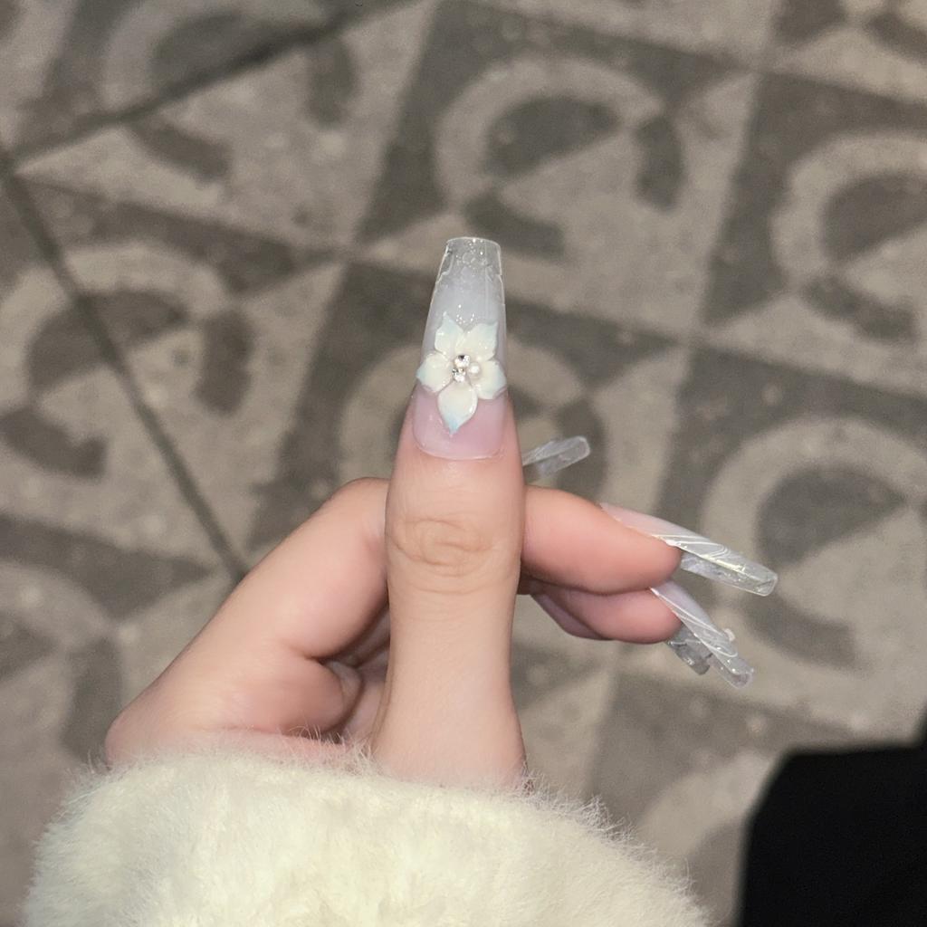 Pure Hand-wearing Nail High-end Blue Ice Flower Manicure Nude Color French Water Ripples Detachable Fake Nail Patch