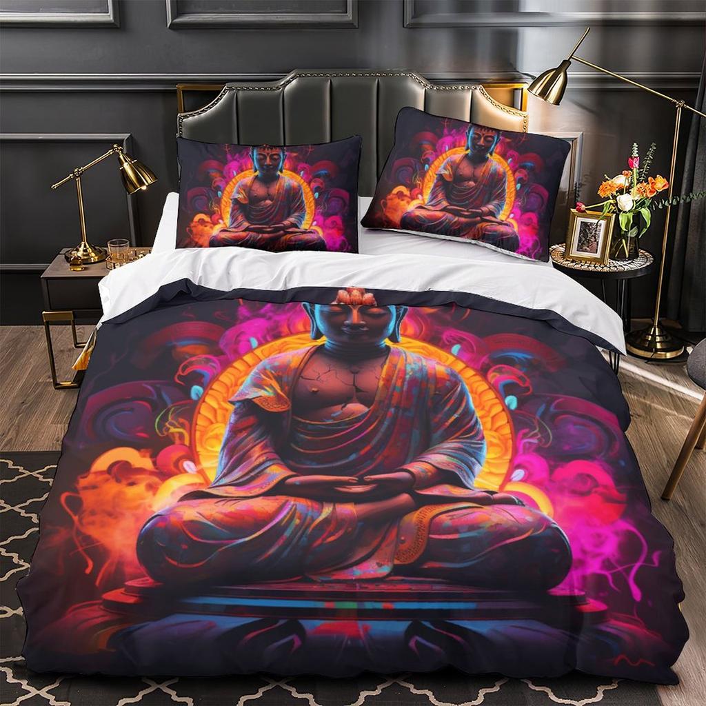 3D Colorful Buddha Statue Bedding Set, Buddha Believer Room, Women's Down Duvet Cover, Pillow Cover, 2/3pcs, Fashion Quick Drying Cover