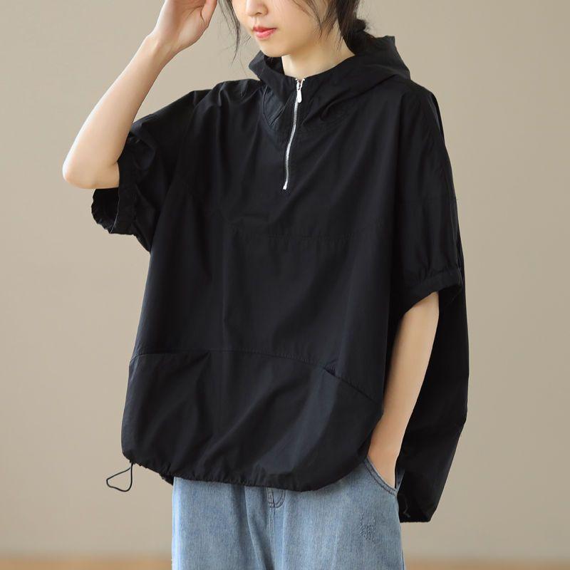 Футболка с капюшоном женская летняя художественная большого размера свободная повседневная футболка с короткими рукавами на молнии модные солнцезащитные топы