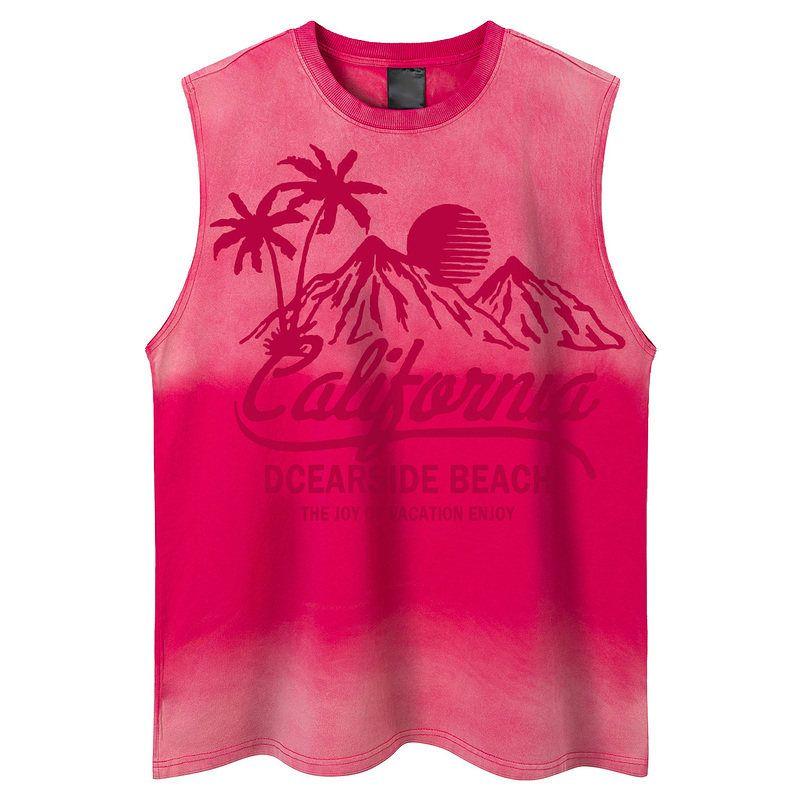 51 Hip Hop Sunset Quiet Hong Kong Style Street Sunset Print Sleeveless T-shirt Gradient Washed Loose Vest for Boys