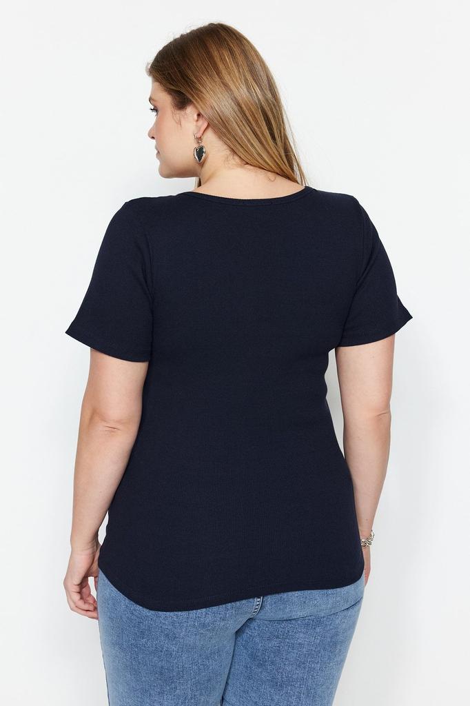 Women's Style Plus Size Navy Blue Collar Detailed Ribbed Knitted T-shirt