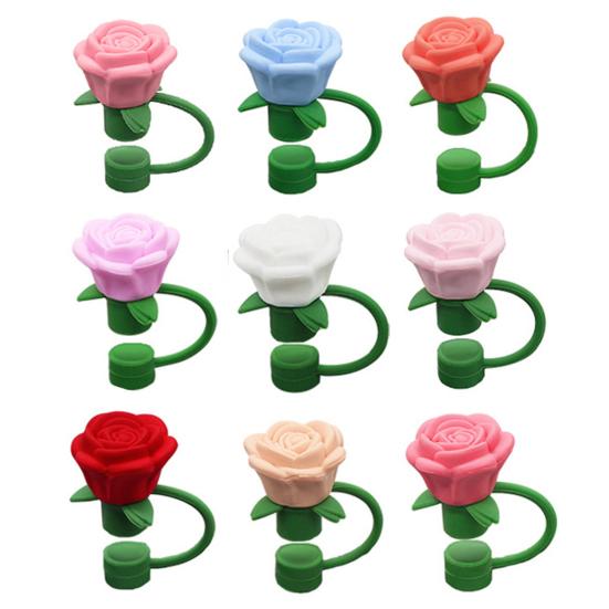 Silicone Straw Covers Caps Rose Flower Straw Toppers 10mm Reusable Leak-Proof Straw Toppers